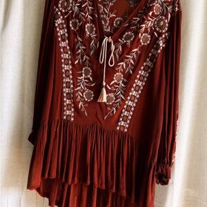 Free People Rust Orange Embroidered Top